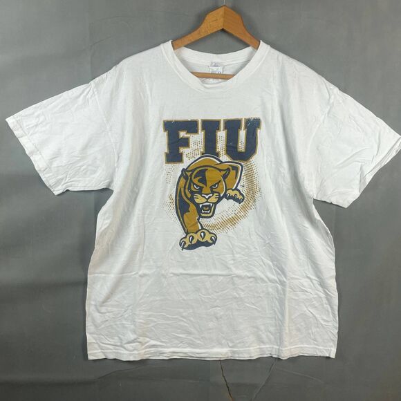 ￼ Florida International University Panther Pullover Yazbek T-Shirt XL White Vtg - Picture 1 of 7